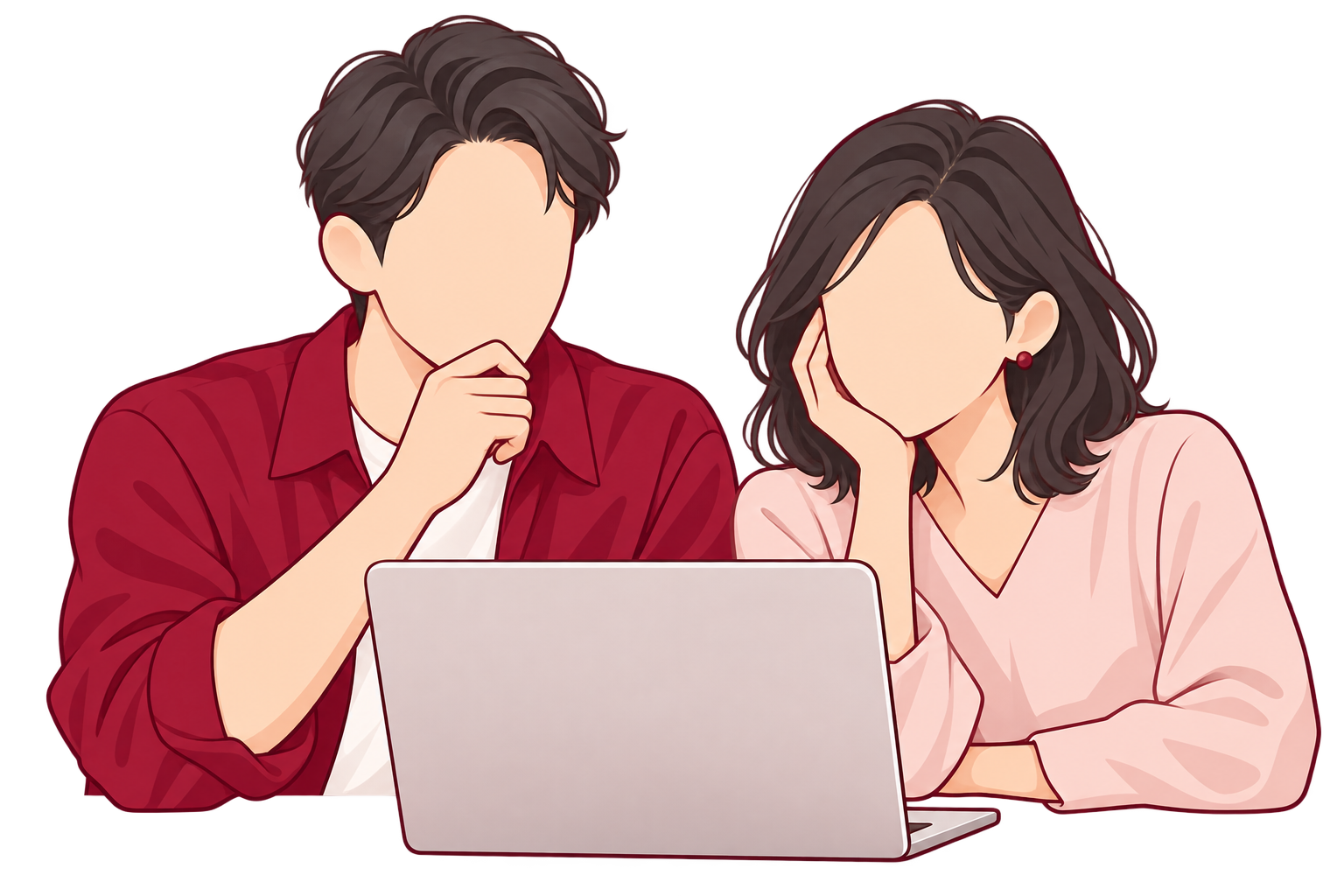 パソコンの前でホームページの更新に悩む男女2人のイラスト